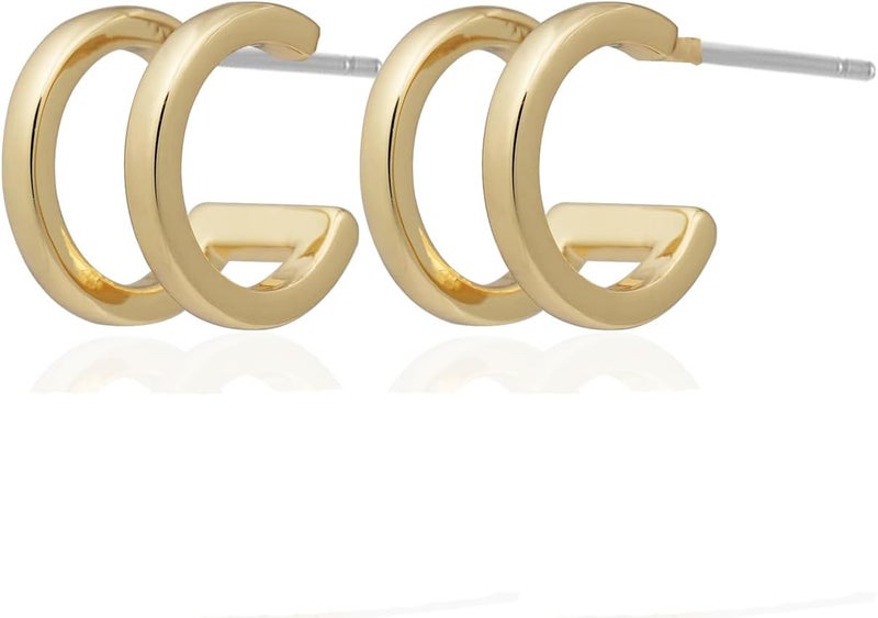 Obidos 14K Gold Plated Triple Huggie Illusion Stud Earrings | Double Huggie Hoop Earrings for One Hole | Gold Hoop Earrings for Women | Drop earrings - Image 4
